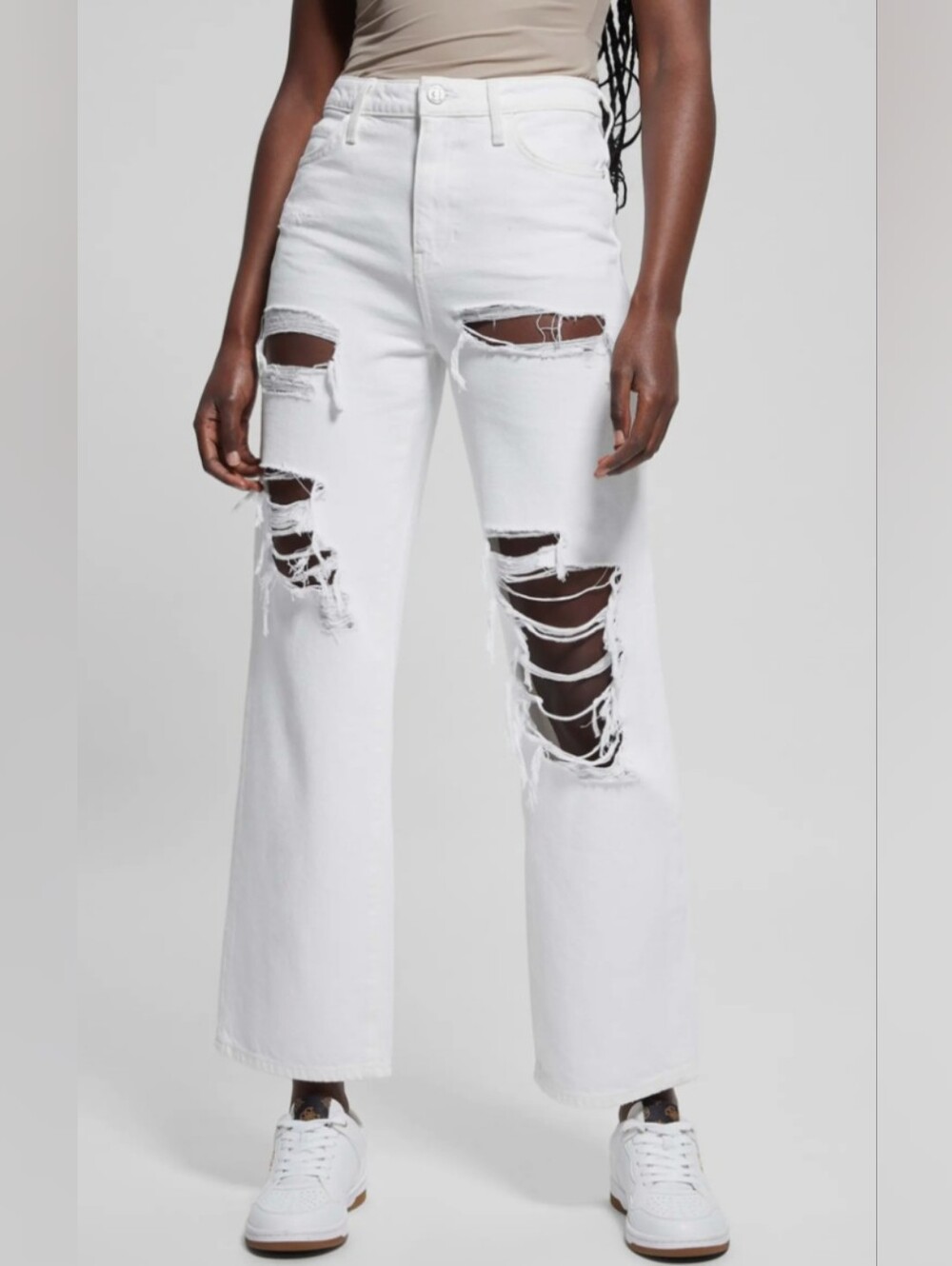 GUESS | Women's White 90's High-Rise Distressed Relaxed Wide Straight Leg Jeans